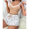 Conjunto de Roupas de Casa Femininas Europeias e Americanas Transfronteiriças, Camisola de Renda com Shorts para Casa, Confortável e Elástico, Adequado para Lazer em Casa e Pode Ser Usado Fora