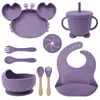 Juego de Alimentación para Bebé de Silicona de Grado Alimenticio de 9 Piezas, Plato con Ventosa de Cangrejo, Vaso Entrenador de Oso, Babero Impermeable, Kit Completo de Vajilla para Niños Pequeños Libre de BPA para Comer Solo