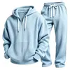 Conjunto de dos piezas para hombre de estilo europeo y americano, tejido gofre liso, manga larga y pantalón largo, un atuendo casual simple y versátil.
