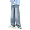 Calças Outono Outono 2026 Novas Estilosas Retas de Pernas Largas Homens Mulheres Temporada Outono Outono Jeans Soltos Preto Azul Algodão