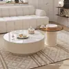 Mesa de Centro de Ardósia Cor Creme Estilo Francês Luxo Leve para Sala de Estar, Mesa de Centro Minimalista de Vidro para Apartamento Pequeno, Conjunto Combinado Redondo