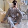 Pijama de Algodón Seda para Hombres de Mediana Edad y Ancianos con Cuello Dobladillo, Ropa de Dormir de Manga Larga, Adecuada para Ropa de Exterior, Conjunto de Algodón Seda, Nuevo Modelo de Primavera