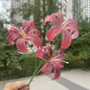 Lirio dorado de 3 cabezas con costillas fundidas, flor artificial, dalia falsa para decoración de bodas y hogar, al por mayor