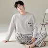 Novo Pijama Masculino Primavera e Outono Algodão Puro Manga Longa Estilo Coreano Esportivo Pode Ser Usado Fora Todo Algodão Tamanho Grande Conjunto de Roupa para Casa