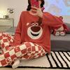 Cartoon doce urso de morango em torno do pescoço pijama de manga comprida mulheres com almofada no peito primavera e outono menina casual solta plus size terno