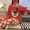 Novos Pijamas de Primavera e Outono Novo Estilo com Bojo no Peito Feminino Gola Redonda Manga Longa tamanho plus size Desenho Animado Solto Roupa de Casa conjunto