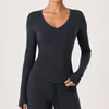 Top de Yoga Feminino Decote V Manga Longa Secagem Rápida Alta Elasticidade Justo Roupas Fitness Corrida Treinamento Emagrecimento Esportivo Manga Longa