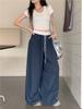 Pantalones anchos con cordón y cintura elástica a juego de colores informales de estilo coreano para mujer, monos rectos de primavera y verano 76536