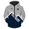 Suéter cardigã com capuz e zíper casual da moda 2023 popular outono e inverno com estampa digital 3D de time de futebol da NFL