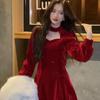 Vestido de Terciopelo con Brillo Fino para Mujer 2025 Otoño e Invierno Nuevo Elegante Rojo Cintura Adelgazante Look Falda Línea A