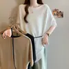 Moda de Verano para Mujer Tallas Grandes Nuevo Estilo Elegante Hombros Descubiertos Mangas Murciélago Ceñido a la Cintura Adelgazante Tejido de Seda Helada Top