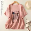 Foto Real de Camiseta Artística de Manga Corta Estilo 2026 para Mujer con Estampado de Gato, Top de Algodón y Lino, Camiseta Básica Casual Transpirable Vintage