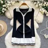 Vestido de punto bodycon retro estilo socialité francés con bloques de color, solapa, de un solo botón, corte ajustado y manga larga para mujer