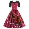C Ropa Femenina Transfronteriza Otoño e Invierno Europeo y Americano Navidad Más Vendido Ribete de Encaje Espalda Descubierta Manga Corta Estampado Vestido Acampanado