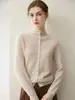 Cardigã 100% caxemira, nova blusa base feminina outono e inverno com gola semi-alta e barra dobrada, casaco de botão único estilo suave