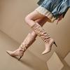 Botas Femininas de Cano Alto para Outono e Inverno Sapatos de Salto Alto de Tamanho Grande para Venda Transfronteiriça Botas Femininas de Couro Suede Fino de Salto Apontado Estilo Europeu e Americano Novas