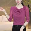 Nova Moda de Primavera Blusa com Gola Alta de Contas com Base de Renda para Mulheres Elegante Versátil Emagrecedora Manga Longa