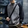 Moletom espesso com blocos de cor em relevo estilo americano para homens, marca da moda retrô para outono e inverno, corte solto, tamanho grande, gola redonda, top casual masculino