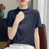 Novedad Primavera/Verano 2026 para Mujer, Holgado, Color Liso, Corto, Cuello Alto, Sencillo, Perezoso, Manga Corta, Tejido Base de Manga Corta