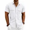 Camisa Masculina de Verão em Linho com Dois Bolsos e Gola Reversível, Top Casual para Trabalho, Estilo Europeu e Americano - Amazon Transfronteiriça