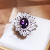 Anillo abierto con forma de almohada larga de circón morado profundo totalmente engastado con diamantes, simulación de amatista, conjunto de colgante y pendientes de botón para mujer