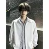 Camisa listrada branca de manga longa, falsa duas peças, para homens, design de outono, camisa de manga longa, peça externa cleanfit