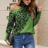 Suéter Feminino de Manga Longa com Estampa de Leopardo para Primavera, Top de Tricô Ombro a Ombro Exportação Amazon, Estilo Biker Versátil de Caimento Solto