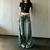 Pantalones de mezclilla anchos de pierna ancha, rotos, desteñidos, lavados, de cintura baja, para mujer, verano, petite, buena caída, plisados, de pierna recta, largos
