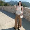 Ropa de Vacaciones Relajada de Old Qian Feng para Mujer Verano Top de Cuello Halter sin Espalda Pantalones de Pierna Ancha de Cintura Alta Traje de Dos Piezas