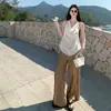 Top Casual Satinado de Cuello Halter con Cuello Oscilante Espalda Descubierta Pantalones Casuales de Cintura Alta Pierna Ancha Teñido Anudado Desgastado