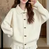 Nuevo Cardigan de Punto Estilo Coreano Otoño/Invierno Estilo Suave Solapa Botones de Cuerno para Mujer Costilla Vertical Holgado Suave Esponjoso Abrigo Suéter