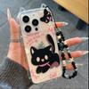 Adecuado para Iphone16 Transparente Lindo Gato Negro Funda para Teléfono Móvil Apple 13Pro Gatito de Dibujos Animados Pulsera Cubierta Protectora