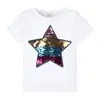 Camiseta de Estilo Coreano para Niños, Top de Verano de Algodón con Dibujos Animados, Lentejuelas Reversibles que Cambian de Color, Manga Corta, Cuello Redondo para Niños y Niñas