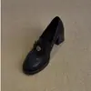 Versão em couro~Sapatos femininos de salto alto camélia, mocassins de salto grosso estilo britânico em couro genuíno de 2 polegadas, sapatos baixos slip-on de sola grossa