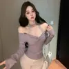 Top de Renda Roxa Ombro a Ombro para Mulheres, Novo Estilo Outono/Inverno 2025, Pura Desejo Doce Picante Menina Top Curto Tomara que Caia