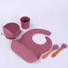 Set de Plato para Cena de Bebé Plato con Ventosa para Bebé Taza de Agua Bol de Comida de Una Pieza Cuchara Tenedor Taza de Agua Babero Set Combinado de Cinco Piezas