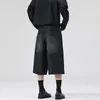 Jeans cropped de perna larga lavado estilo coreano de verão para homens e mulheres, corte solto, tamanhos grandes, silhueta emagrecedora, shorts retos, calças de comprimento médio da moda