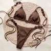 Nuevo traje de baño sexy, bikini de canalé marrón con cuentas y tiras de amarre, copa de triángulo, traje de baño de dos piezas para vacaciones en la playa de chica hot