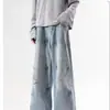 Novos Jeans Artísticos Americanos High Street Masculinos Outono Novo Rasgados Soltos Retos Versáteis Perna Larga Calças Longas