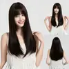 Sudeste Asiático Transfronterizo Estilo Dulce Mujer de Cabello Negro Largo Lacio Cobertura Completa de Cabeza con Flequillo Estilo Diario Natural Peluca de Estilo Sin Calor