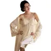 Sexy Conjunto de Ropa de Dormir de Seda Helada para Mujer para Verano con Copas, Estilo Puro Deseo de Encaje Camisola de Princesa Bata de Baño Set de Ropa de Casa