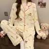 Pijama de Tecido Amassado com Laço Estilo Doce e Luxo Leve Ins para Mulheres Roupa Casual para Casa Conjunto de Manga Longa Venda por Atacado