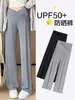 Calça de seda gelada de perna larga para grávidas, verão plus size mm2026 nova fina reta casual solta anti-mosquito calça de suporte para barriga