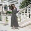 Vestido Largo de Manga Larga con Estampado Doble C, Cintura Alta, con Cordones, Adelgazante, Vestido Cruzado de Cuello en V para Mujer Pg Dvf Nuevo Estilo Primavera y Otoño 2025