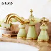 Grifo de tres agujeros de jade dorado amarillo de resina natural, caliente y frío, de 8 pulgadas, dividido, grifo para lavabo de mármol antiguo