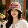 Sombrero de Pescador Jacquard Fair Isle Vintage para Mujer, Sombrero de Pescador Cálido de Felpa para Otoño e Invierno, Sombrero de Pescador Artístico de Ala Corta Estilo Japonés