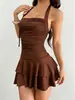 Vestido de Verão 2026 Transfronteiriço Puro Desejo Garota Quente com Gola Halter e Cintura Franzida, Vestido Curto de Corte A Justo