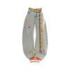 Cinto Xadrez Bordado de Desenho Jeans Unissex Reto Caimento Solto Perna Larga Estilo Americano Tendência High Street Calça Longa