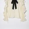 Roupas Femininas Europeias e Americanas Transfronteiriças Outono 2025 Nova Moda Elegante Blusa com Bloqueio de Cores Fita Babado Camisa Casual