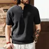 Nuevo top de punto retro americano estilo old money para hombre con cuello Henry, camiseta de manga corta informal holgada de moda para hombre de verano